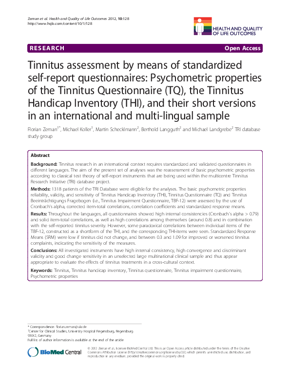 (PDF) Tinnitus assessment by means of standardized selfreport