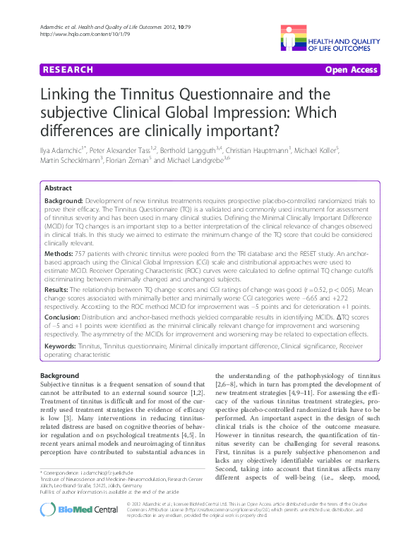 (PDF) Linking the Tinnitus Questionnaire and the subjective Clinical