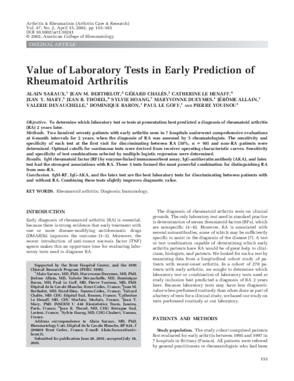 (PDF) Value of laboratory tests in early prediction of rheumatoid arthritis