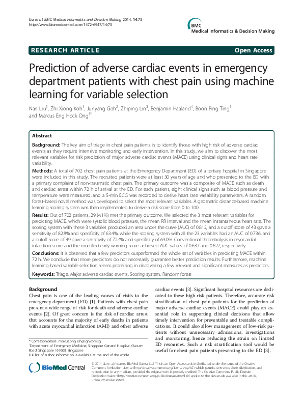 (PDF) Prediction of adverse cardiac events in emergency department ...