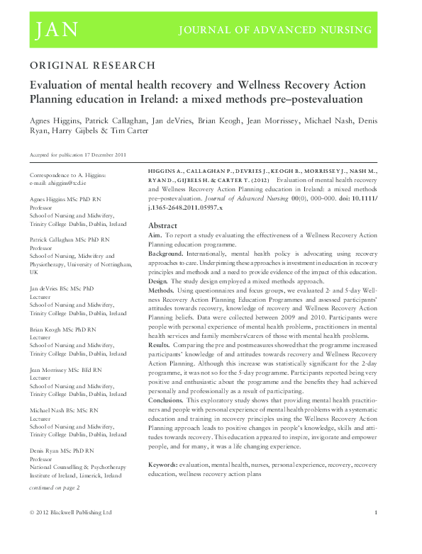 (PDF) Evaluation of mental health recovery and Wellness Recovery Action ...