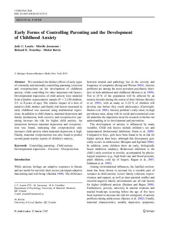 (PDF) Early Forms of Controlling Parenting and the Development of ...