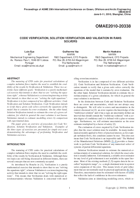 (PDF) Code Verification, Solution Verification and Validation in RANS ...