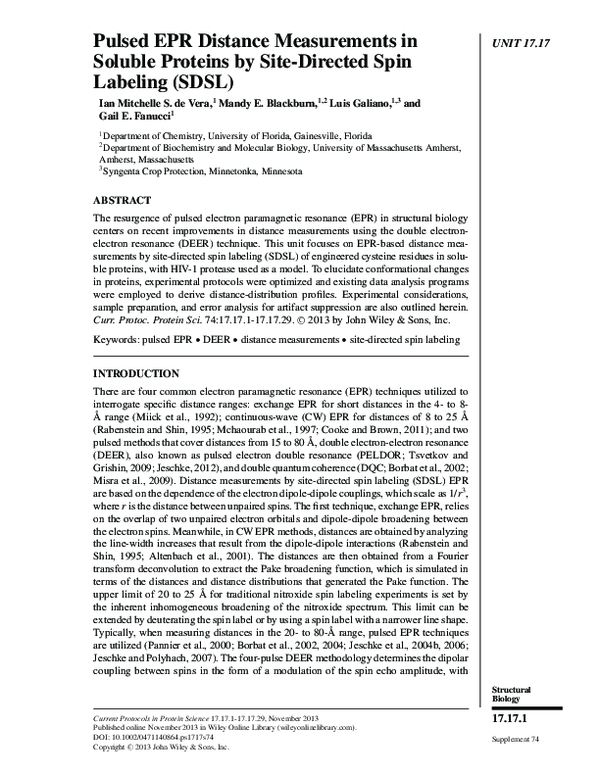 (PDF) Pulsed EPR Distance Measurements in Soluble Proteins by Site ...
