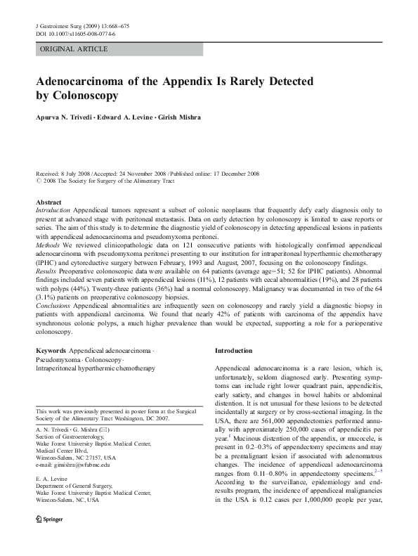 (PDF) Adenocarcinoma of the Appendix Is Rarely Detected by Colonoscopy