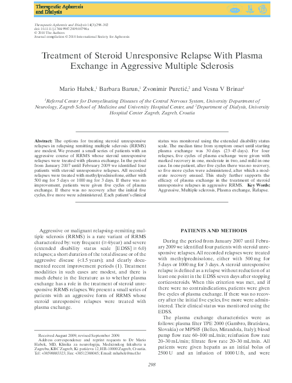 (PDF) Treatment of Steroid Unresponsive Relapse With Plasma Exchange in Aggressive Multiple