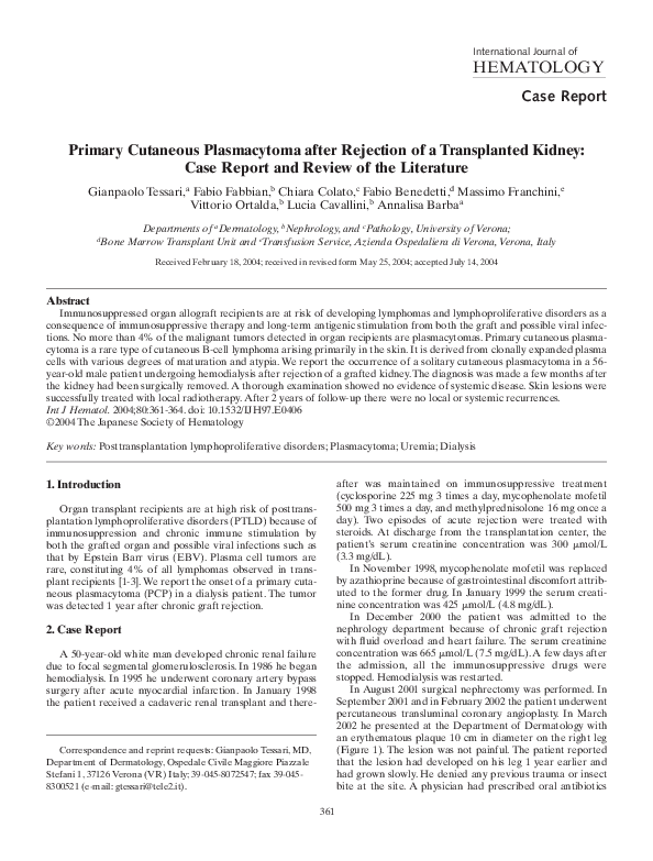(PDF) Primary Cutaneous Plasmacytoma after Rejection of a Transplanted