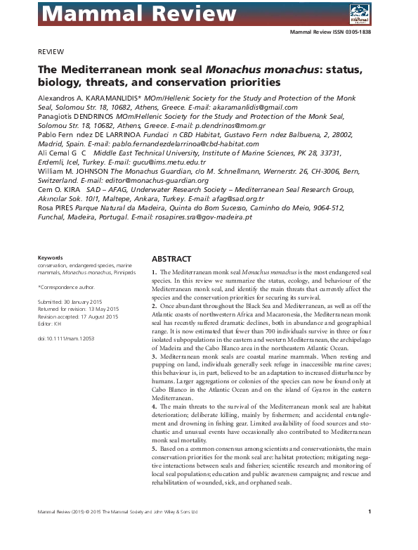 PDF The Mediterranean monk seal Monachus monachus status  
