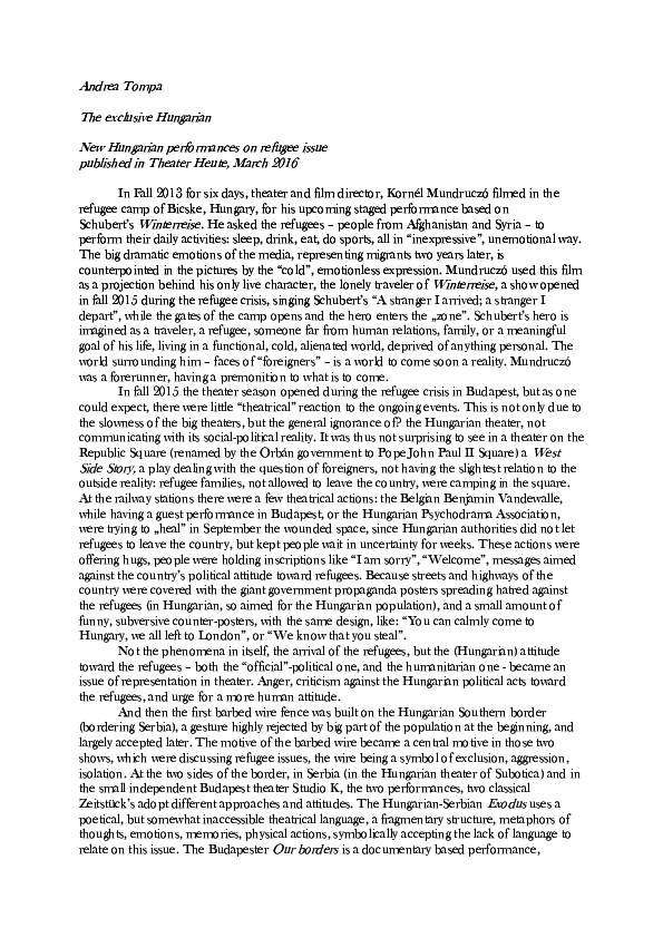 Pdf New Hungarian Performances On Refugee Issue Andrea Tompa Academia Edu