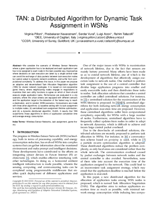 (PDF) TAN: A Distributed Algorithm for Dynamic Task Assignment in WSNs