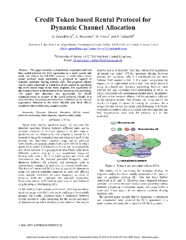 (PDF) Credit token based rental protocol for dynamic channel allocation