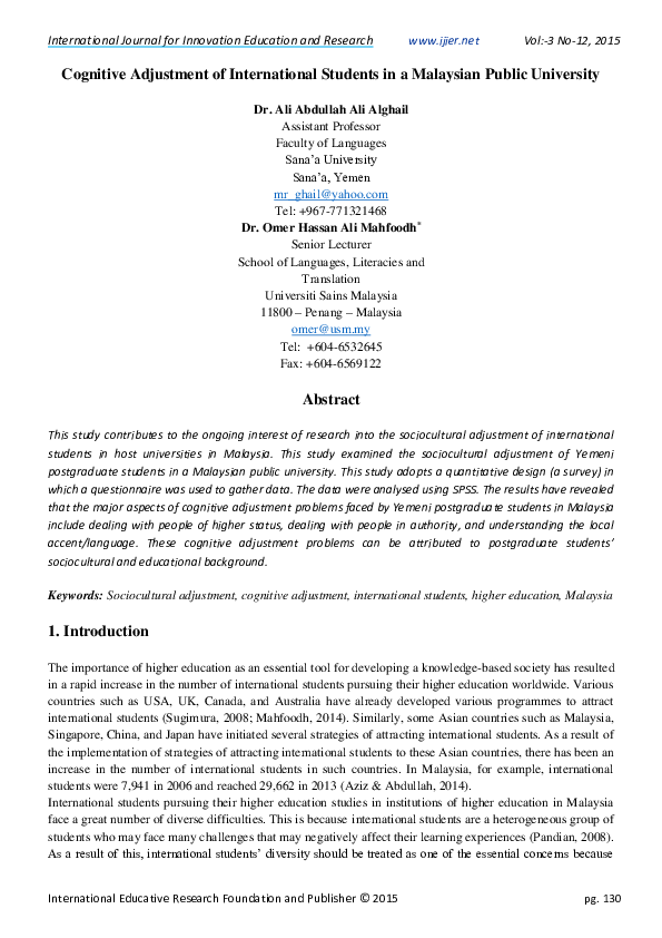 (PDF) Cognitive Adjustment of International Students in a Malaysian ...