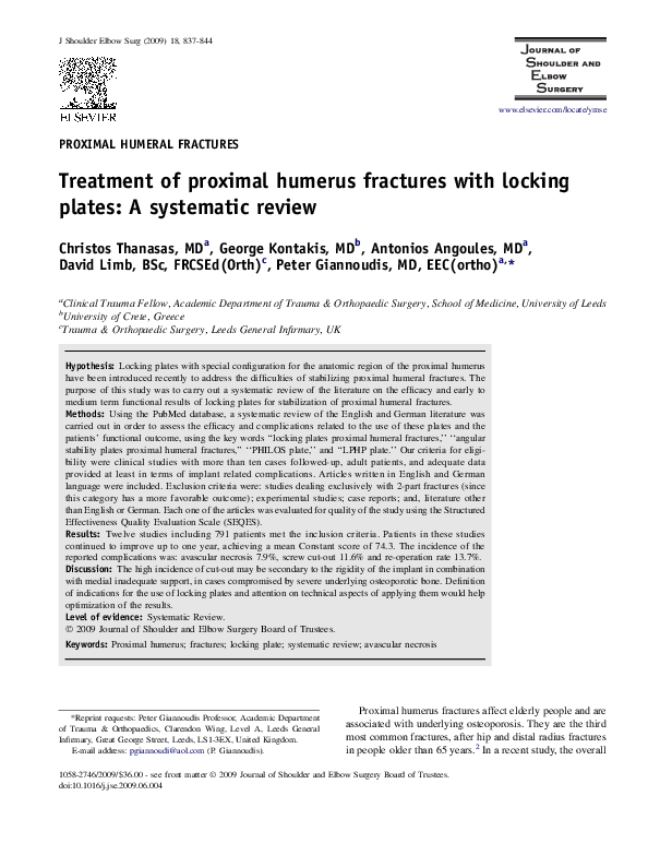 (PDF) Treatment of proximal humerus fractures with locking plates: A ...