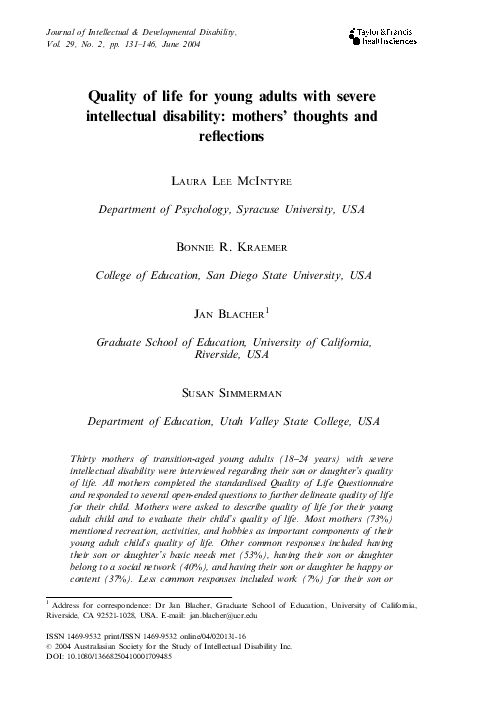 (PDF) Quality of Life for Young Adults With Mental Retardation During ...