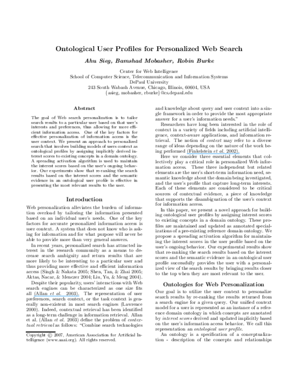 (PDF) Ontological user profiles for personalized web search