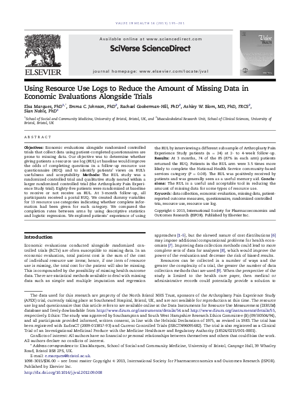 (PDF) Using Resource Use Logs to Reduce the Amount of Missing Data in ...