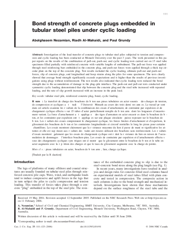 (PDF) Bond strength of concrete plugs embedded in tubular steel piles ...