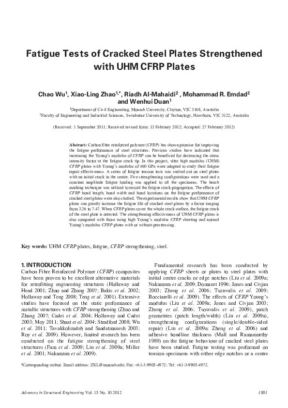 (PDF) Fatigue Tests of Cracked Steel Plates Strengthened with UHM CFRP ...