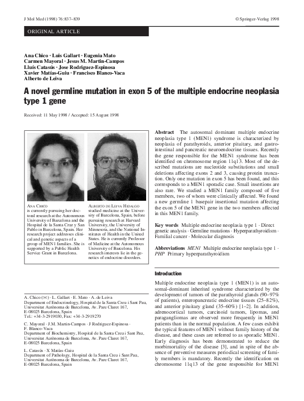 (PDF) A novel germline mutation in exon 5 of the multiple endocrine ...
