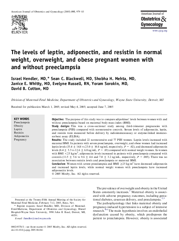 (PDF) The levels of leptin, adiponectin, and resistin in normal weight ...