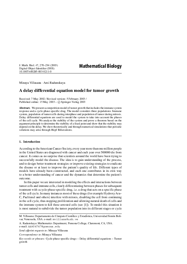 (PDF) A delay differential equation model for tumor growth Minaya