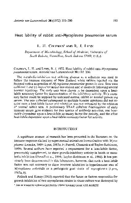 (PDF) Heat lability of rabbit anti-Mycoplasma pneumoniae serum