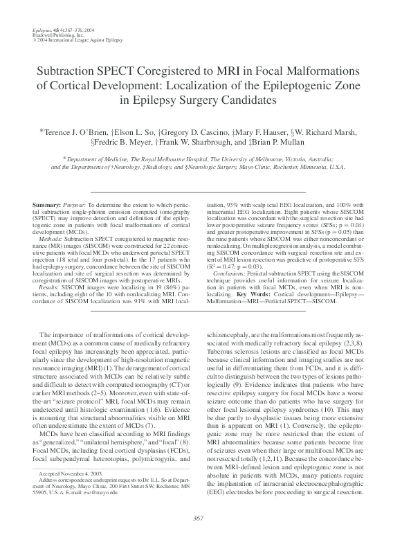 (PDF) Subtraction SPECT Coregistered to MRI in Focal Malformations of ...