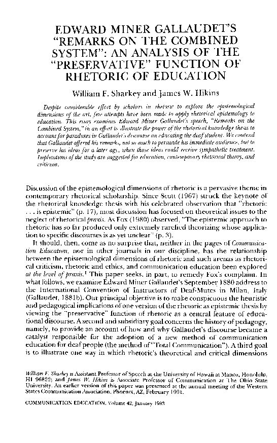 First page of “Edward Miner Gallaudet's “remarks on the combined system”: An analysis of the “preservative” function of rhetoric of education”