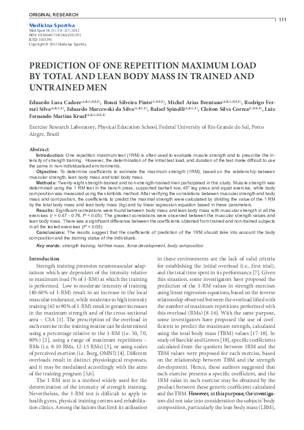 (PDF) Prediction of One Repetition Maximum Load by Total and Lean Body ...