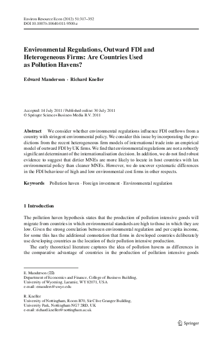 (PDF) Environmental Regulations, Outward FDI and Heterogeneous Firms ...