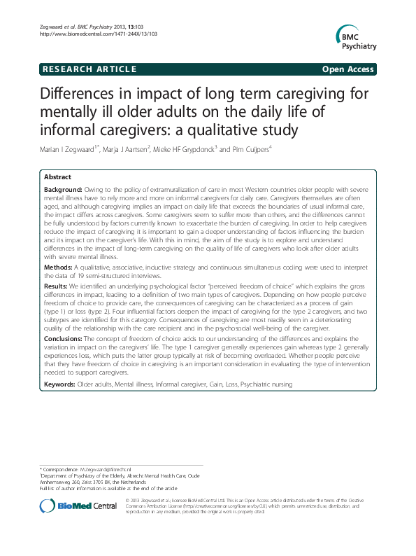 (PDF) Differences in impact of long term caregiving for mentally ill ...