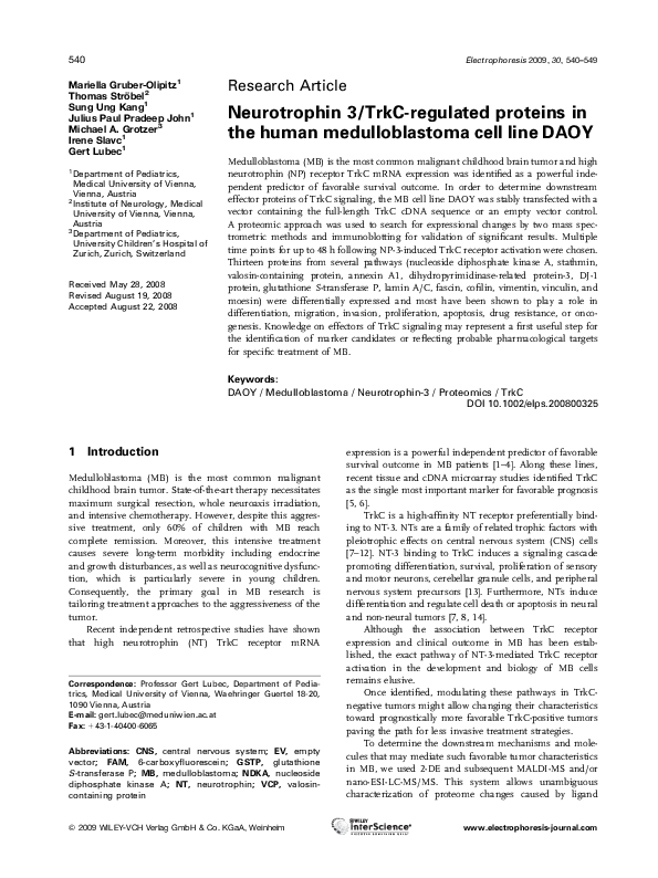 (PDF) Neurotrophin 3/TrkC-regulated proteins in the human ...