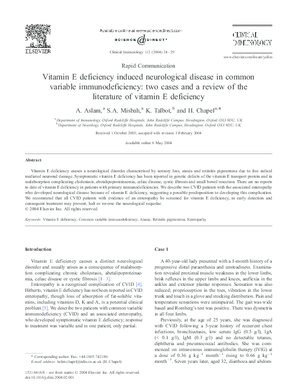 (PDF) Vitamin E deficiency induced neurological disease in common variable immunodeficiency two