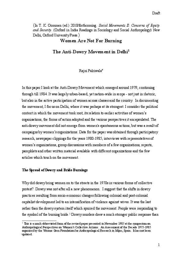 First page of “Women Are Not For Burning The Anti-Dowry Movement in Delhi 1”