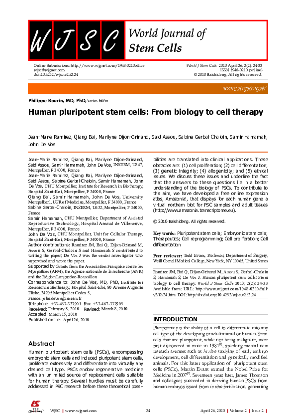 (PDF) Human pluripotent stem cells: from biology to cell therapy