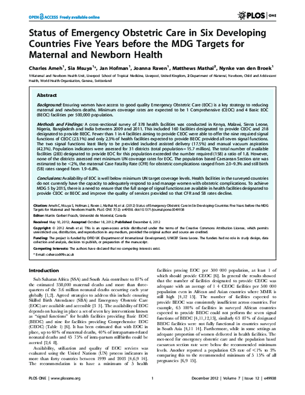 (PDF) Status of Emergency Obstetric Care in Six Developing Countries ...