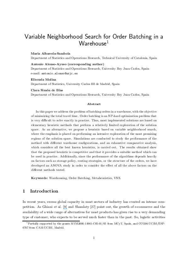 (PDF) Variable Neighborhood Search for Order Batching in a Warehouse