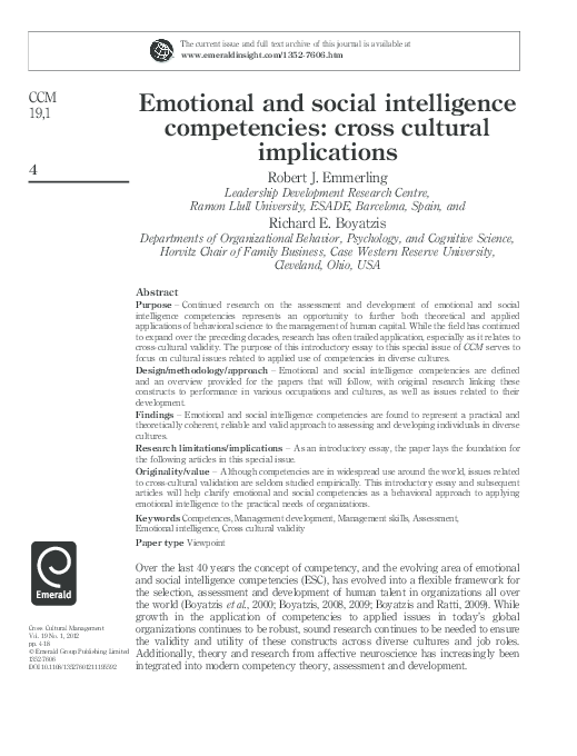 (PDF) Emotional and social intelligence competencies: cross cultural ...