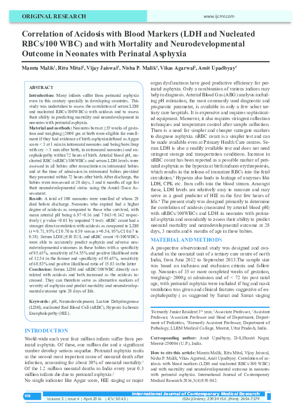 (PDF) Correlation of Acidosis with Blood Markers (LDH and Nucleated