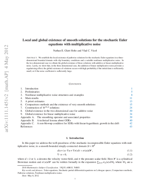 (PDF) Local and global existence of smooth solutions for the stochastic ...