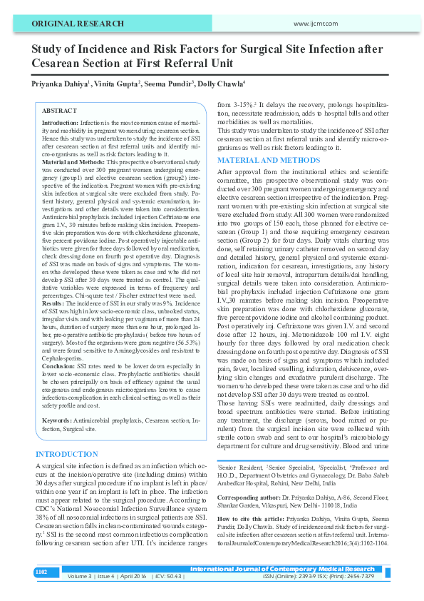 (PDF) Study of Incidence and Risk Factors for Surgical Site Infection ...