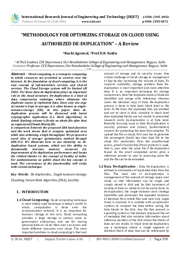 " METHODOLOGY FOR OPTIMIZING STORAGE ON CLOUD USING AUTHORIZED DE ...