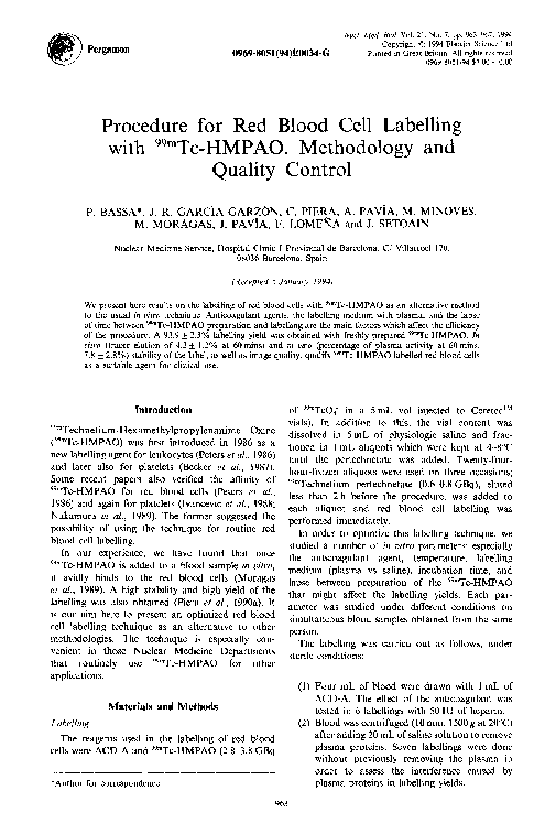 Pdf Procedure For Red Blood Cell Labelling With 99mtc Hmpao