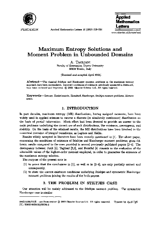 (PDF) Maximum entropy solutions and moment problem in unbounded domains