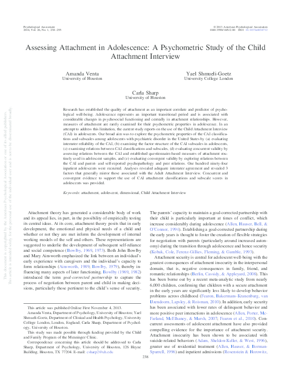 (PDF) Assessing attachment in adolescence: A psychometric study of the ...
