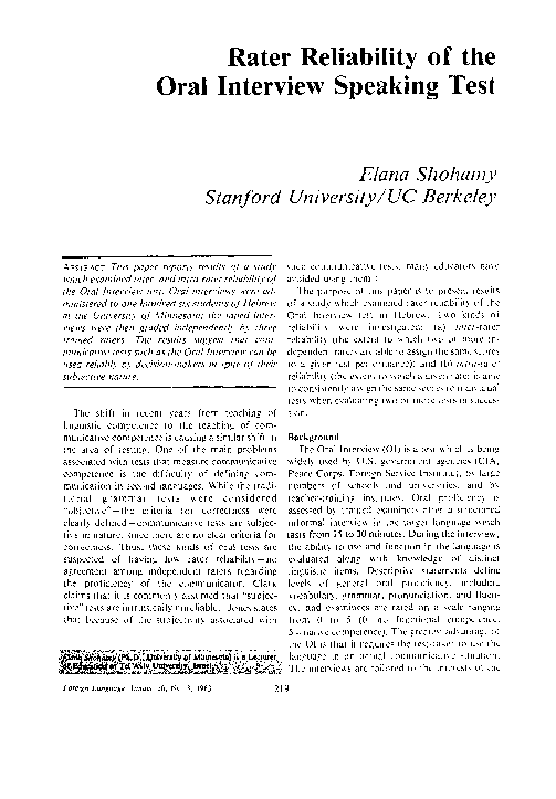 (PDF) Rater Reliability of the Oral Interview Speaking Test