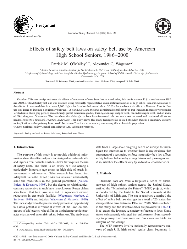 (PDF) Effects of safety belt laws on safety belt use by American High School Seniors, 19862000