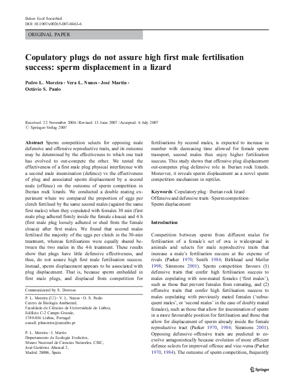 (PDF) Copulatory plugs do not assure high first male fertilisation ...