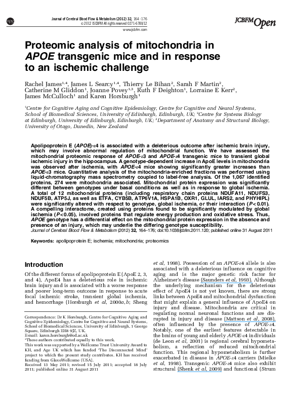 (PDF) Proteomic analysis of mitochondria in APOE transgenic mice and in ...
