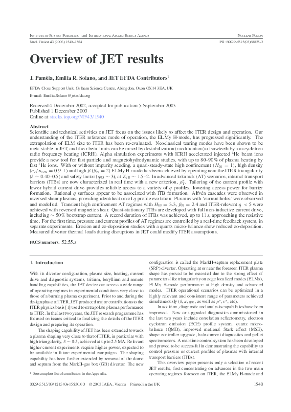 (PDF) Overview of JET results